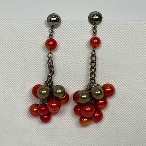 Beaded Red Orange Bronze Brass Dangle Cluster Chain Earrings OS Colorful Bright